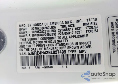 2011 Honda Cr-V Se from USA, damaged, VIN 5J6RE4H43BL027499